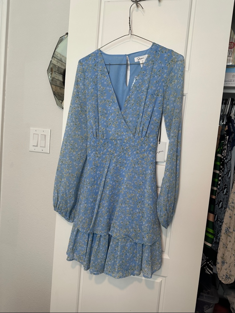 Sky Blue Floral Wrap-Style Long Sleeve Tiered Dress